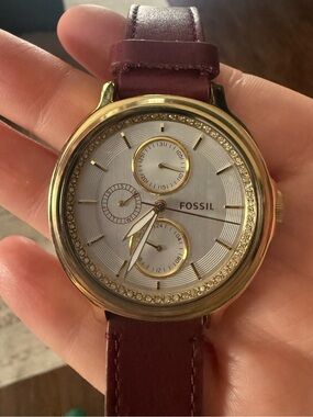 Fossil Gold-Tone Watch with Burgundy Leather Strap